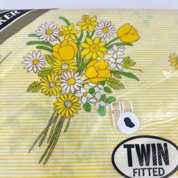 Tastemaker No Iron Muslin Twin Fitted Sheet Yellow Floral Stripe NOS - Picture 4 of 6